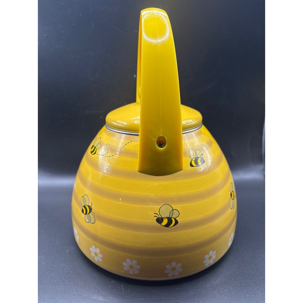 Bumblebee Honey Pot Whistling Tea Kettle Yellow Enamel Stovetop Bee Daisy Design - Picture 2 of 10